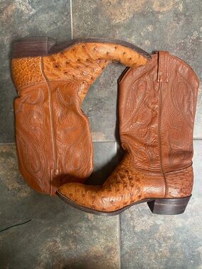 J Chisholm Brown Ostrich Leather Western Cowboy Boots